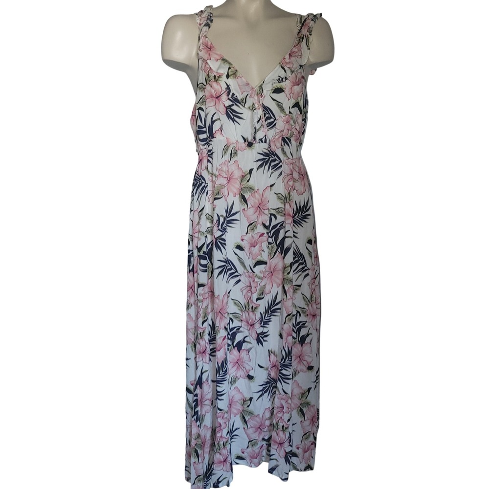 Patpat Maxi Dress‎ Floral Print Pink White Tropical V Neck Ruffle Sleeves XL